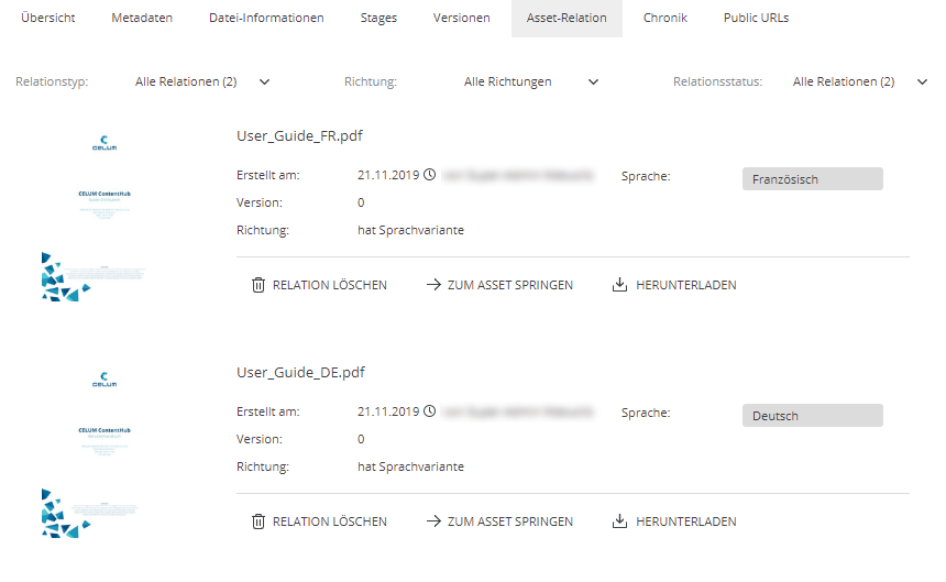 Detailansicht des Tabs „Asset-Relation“